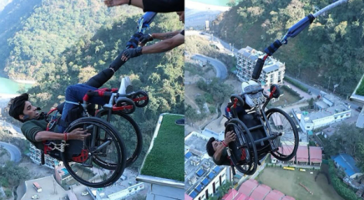 شاب شجاع يتحدى الشلل ويقفز بالحبل من أعلى نقطة في الهند